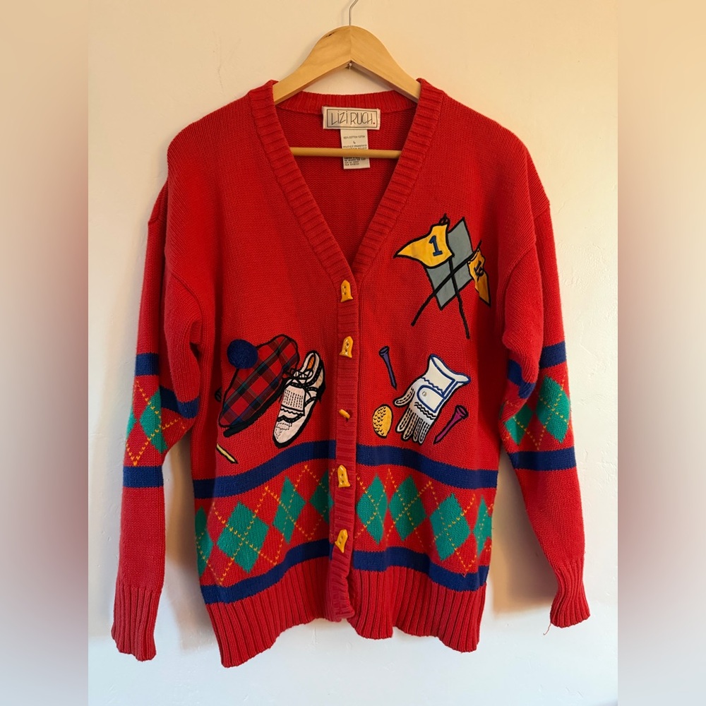 90’s Lizi Ruch 100% Cotton Golf Embroidered Cardigan Sweater Size Large